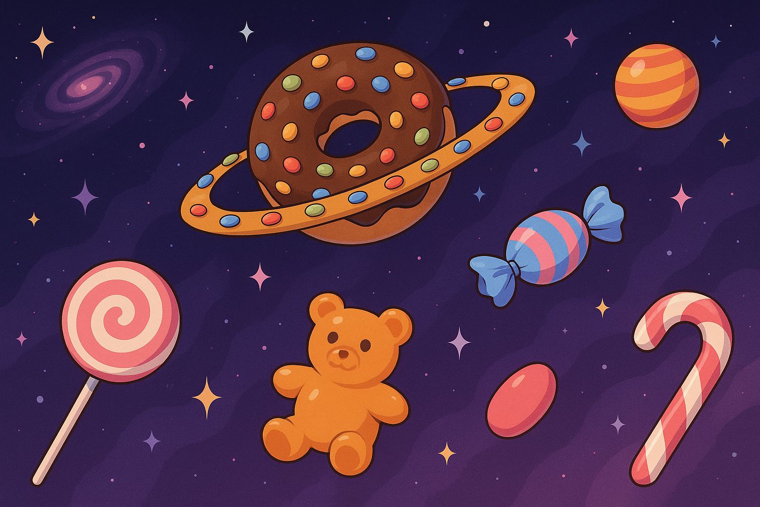Bunte Süßigkeiten im Weltall – Startseiten-Banner von CandyKosmos